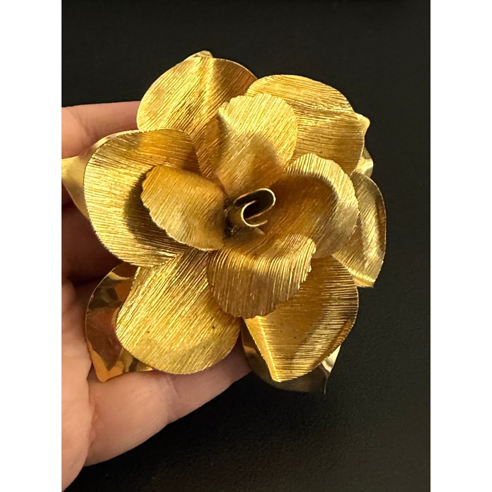 Vintage Rose Flower Brooch Large Gold Tone 3D Layered Pin 3 Inch